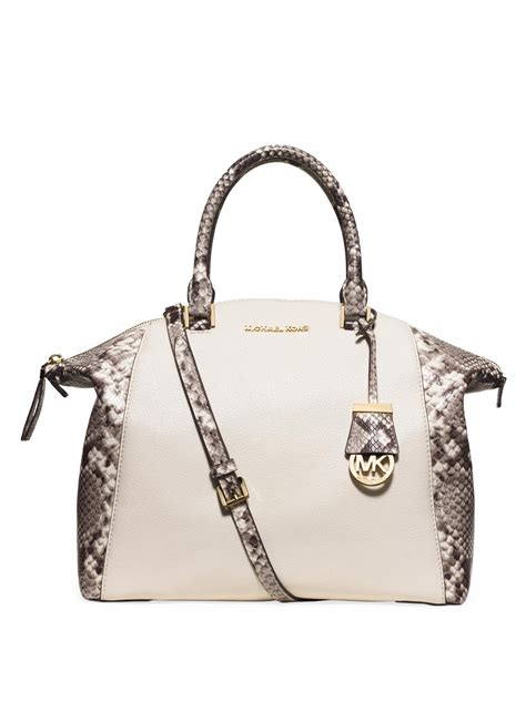 michael kors satchel ecru with python trim|Michael Kors Python Leather Exterior Satchel/Top Handle Bag .